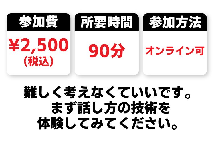 参加費 ¥2,500 / 90分 / オンライン可 まず話し方の技術を体験してみてください